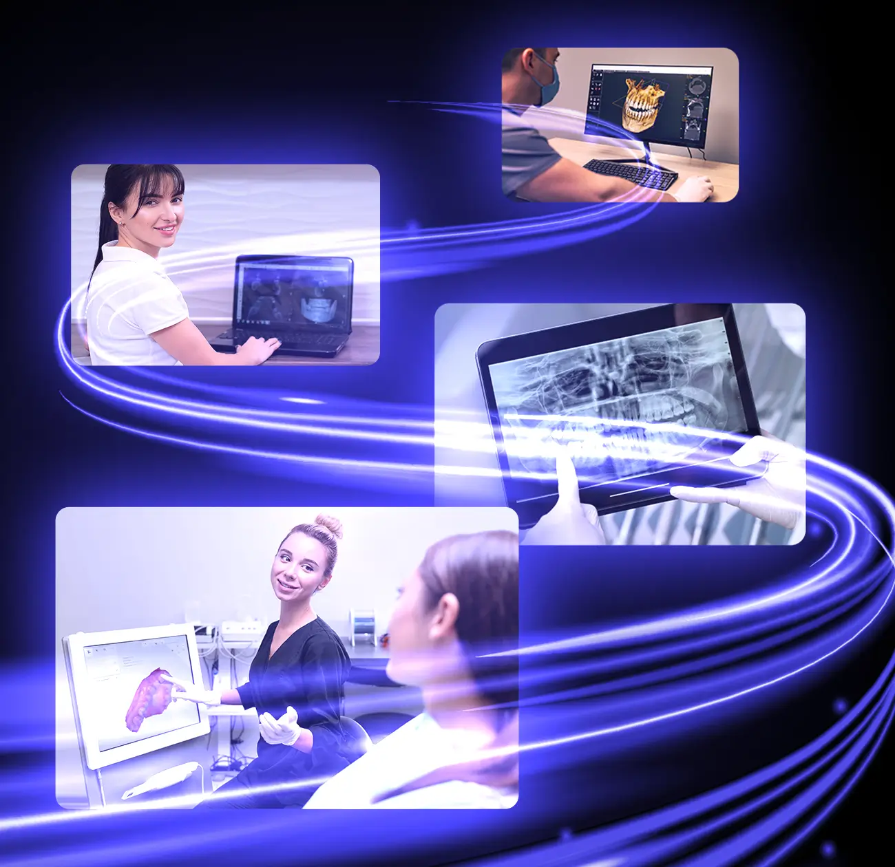 Montagem com profissionais de odontologia usando tecnologia avançada, incluindo imagens em laptops, tablets e telas de scanner 3D, em um fundo escuro com faixas de luz azul brilhante cruzando a composição.